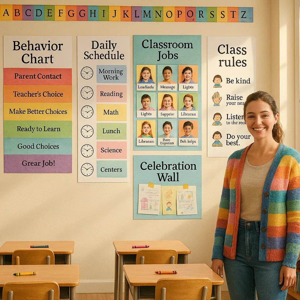 A bright, cheerful classroom scene a first-year teacher (young woman brown hair in a ponytail, wearing a colorful cardigan) standing proudly next to a wall display of five different classroom