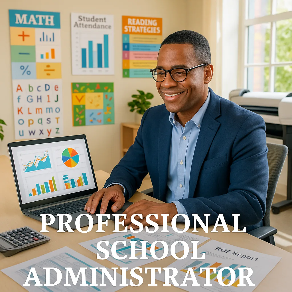 A school administrator sitting at a desk reviewing colorful charts and graphs on a laptop screen, printed posters and educational materials visible in the background. The scene shows a bright,
