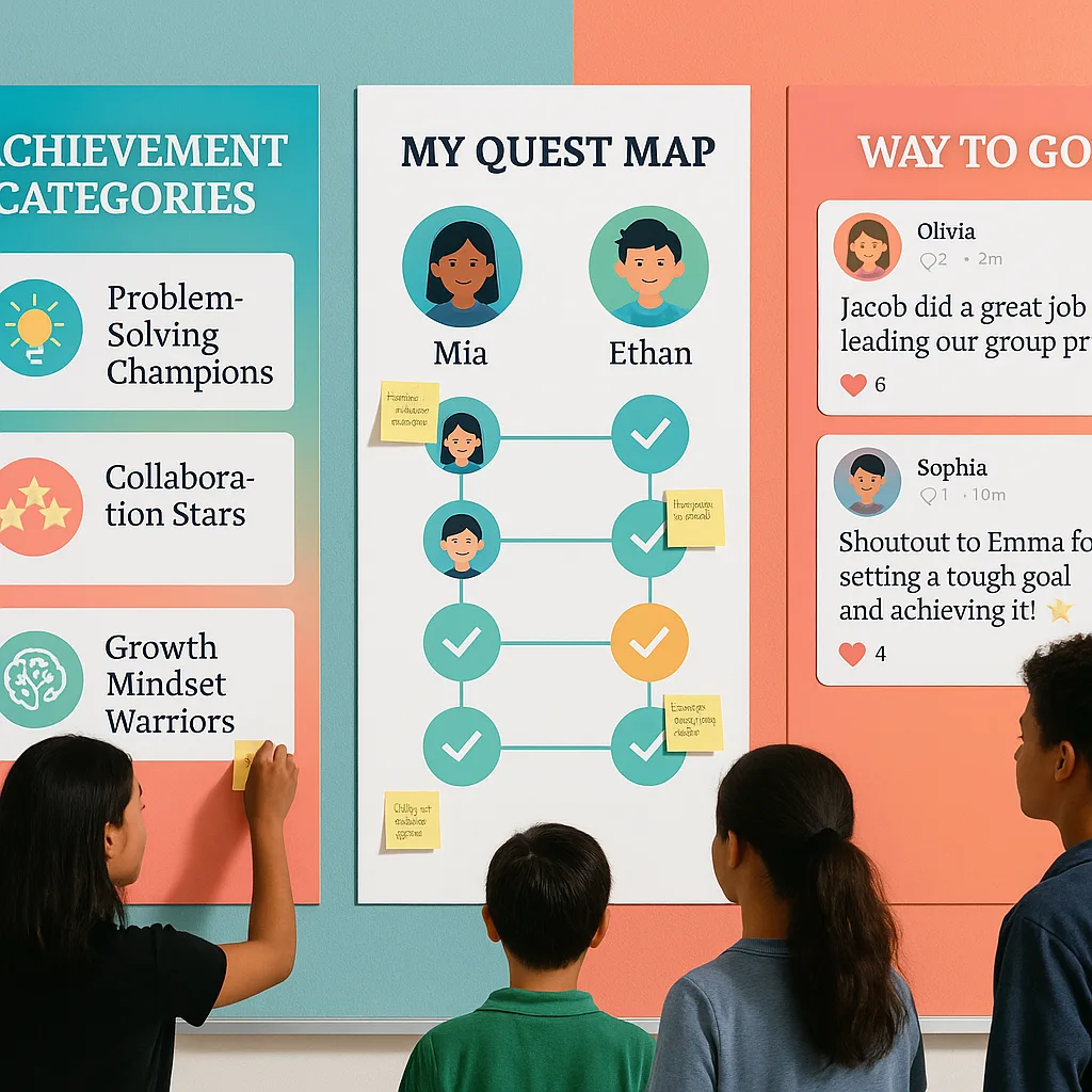 A vibrant, classroom wall a comprehensive motivation display system designed for middle school students. The wall shows multiple colorful poster sections achievement categories icons