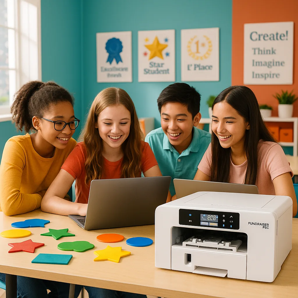 A vibrant, classroom workspace enthusiastic middle school students working together on a sublimation printing project. The scene features a Fundraiser Pro sublimation printer on a desk, colorful