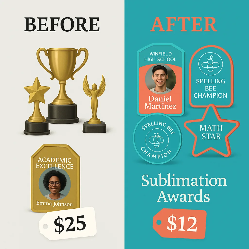 Split-screen infographic “Before vs After” comparison of award options. Left side shows generic, expensive traditional trophies in dull gold colors. Right side displays vibrant, personalized Split-screen infographic "Before vs After" comparison of award options. Left side shows generic, expensive traditional trophies in dull gold colors. Right side displays vibrant, personalized