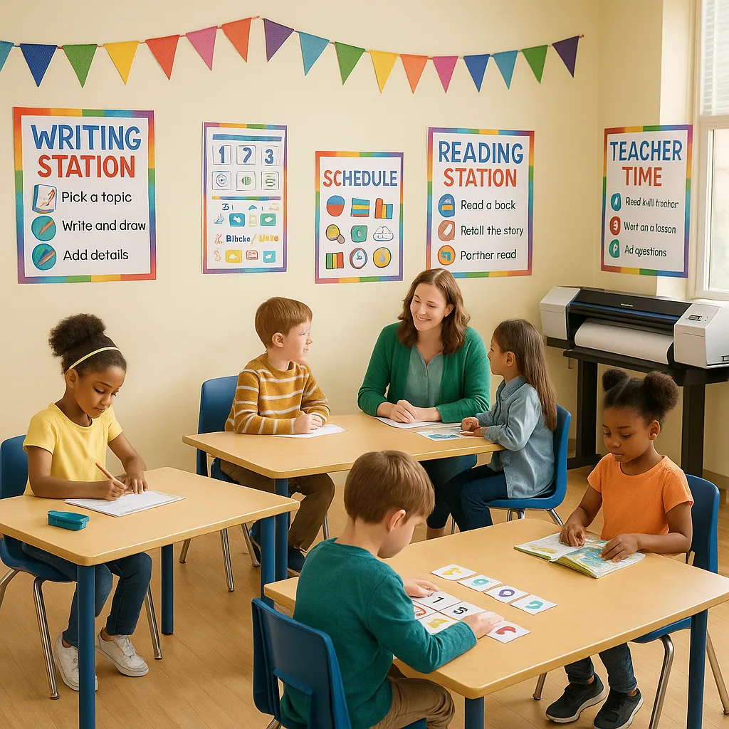 A bright, welcoming classroom scene 4-5 clearly defined learning stations, each marked colorful poster headers. Include diverse elementary students working independently at different stations
