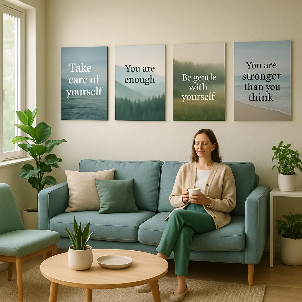 A serene teacher lounge a comfortable seating area soft blue and green color scheme. The walls display large, professionally printed wellness affirmation posters calming nature backgrounds and
