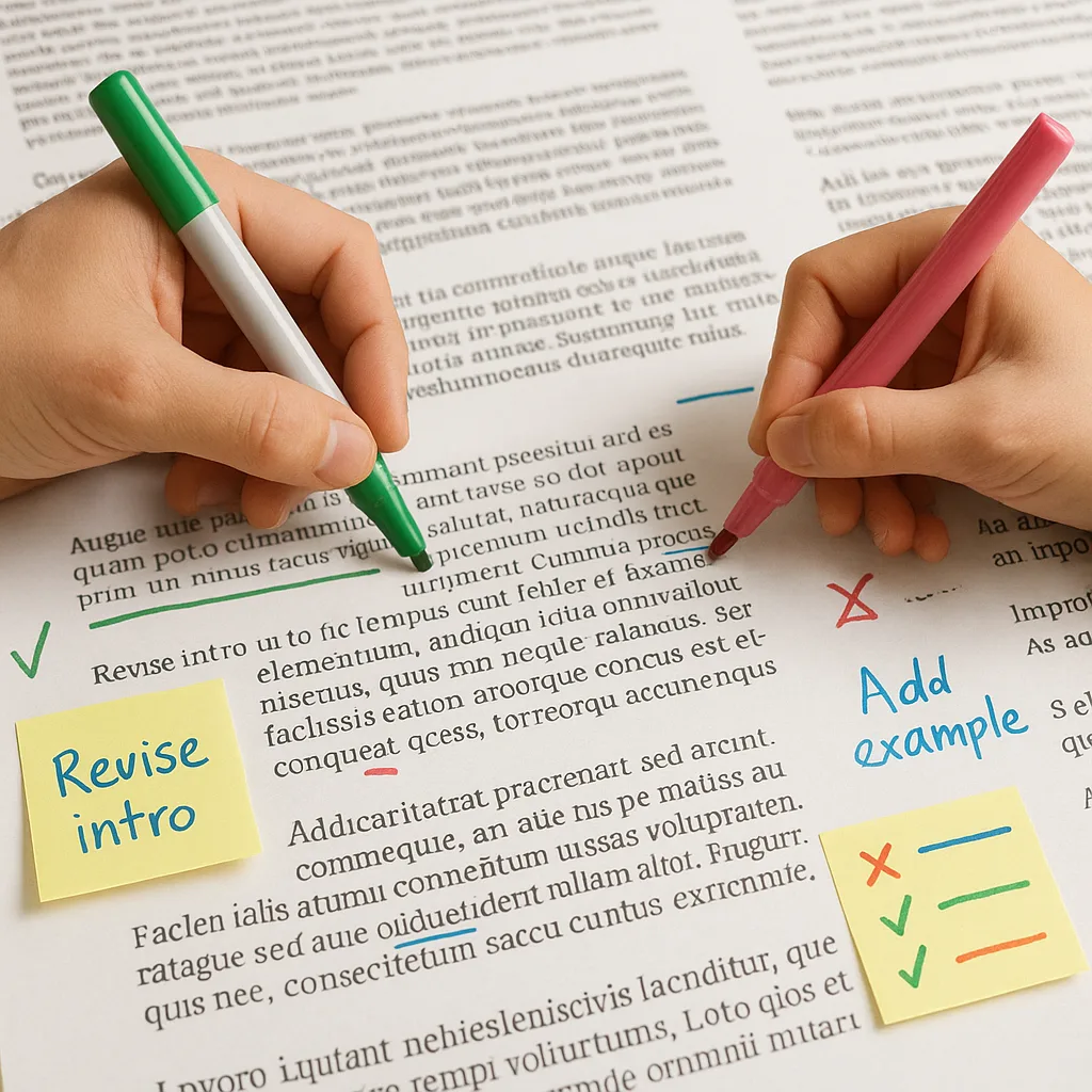 Close-up shot of hands using different colored markers to annotate a large poster printed text. Show various annotation symbols, underlines in multiple colors, sticky notes attached to the poster,