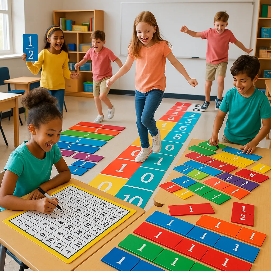 A bright, energetic classroom scene elementary students actively engaged oversized, colorful laminated math manipulatives spread across tables and the floor. Include visible elements like giant