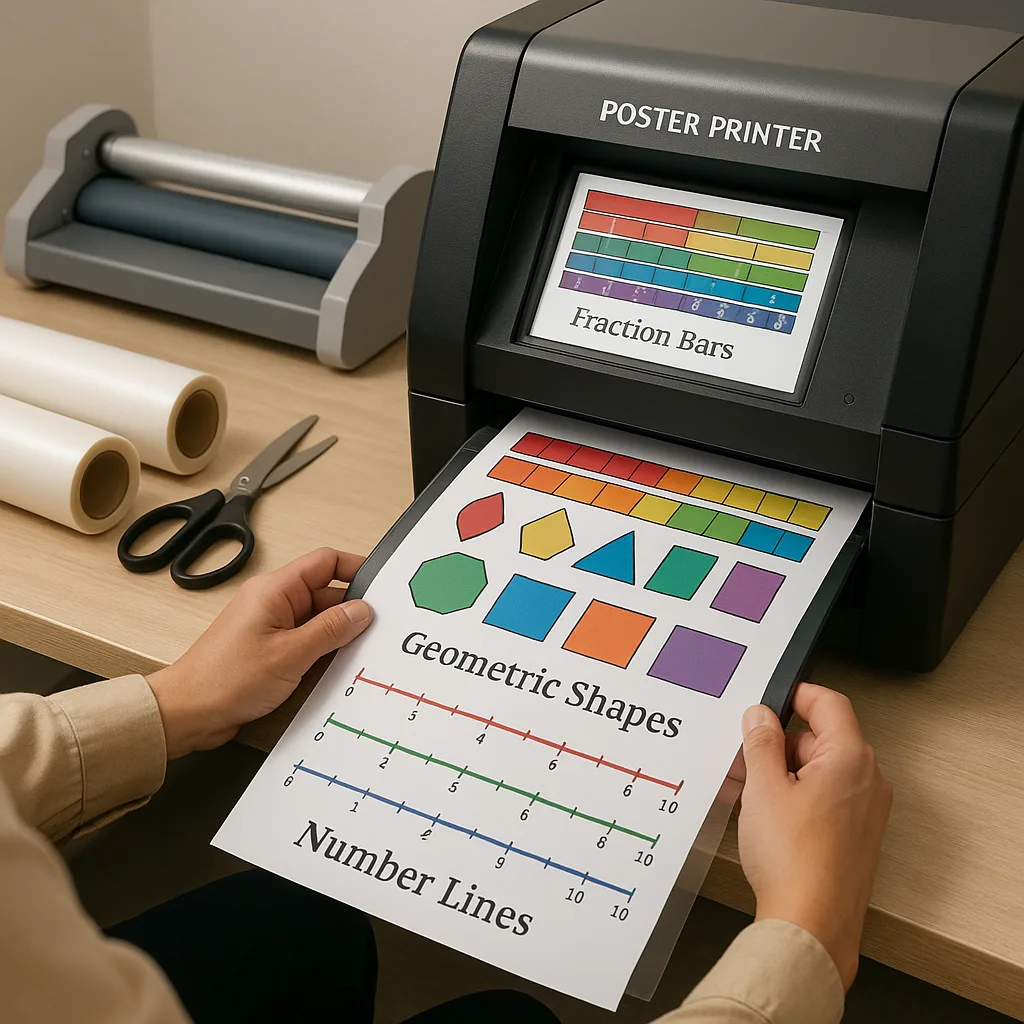 A close-up view of a teacher’s hands operating a poster printing machine (similar to the Amplify or Campus Pro models) colorful math manipulative designs visible on the screen and coming out of A close-up view of a teacher's hands operating a poster printing machine (similar to the Amplify or Campus Pro models) colorful math manipulative designs visible on the screen and coming out of