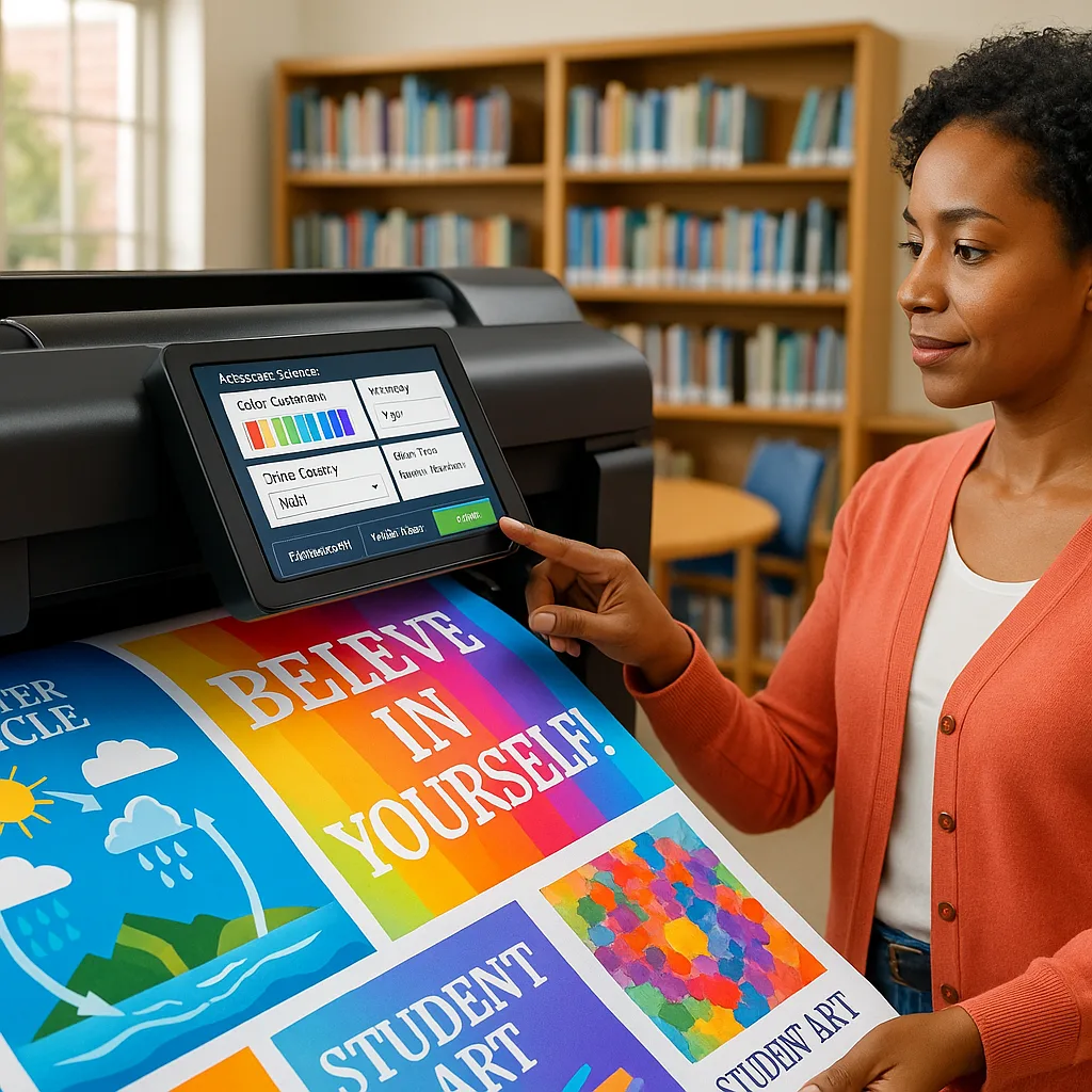 A vibrant, photograph a school poster printer in action. The scene features an educator accessing the printer's touchscreen control panel displaying advanced settings menus. Visible on the screen