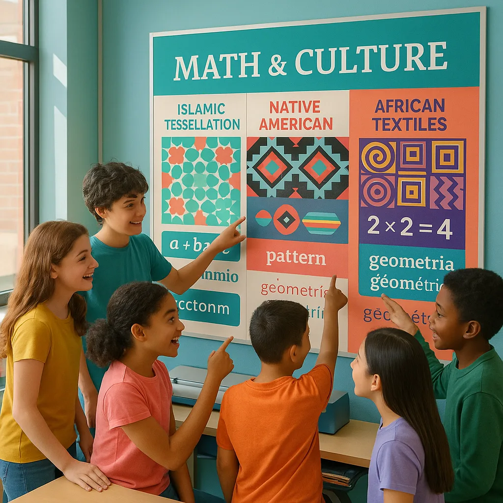 A classroom scene a diverse group of middle school students (ages 11-14) gathered around a large, colorful math poster displayed on the wall. The poster features geometric patterns from various