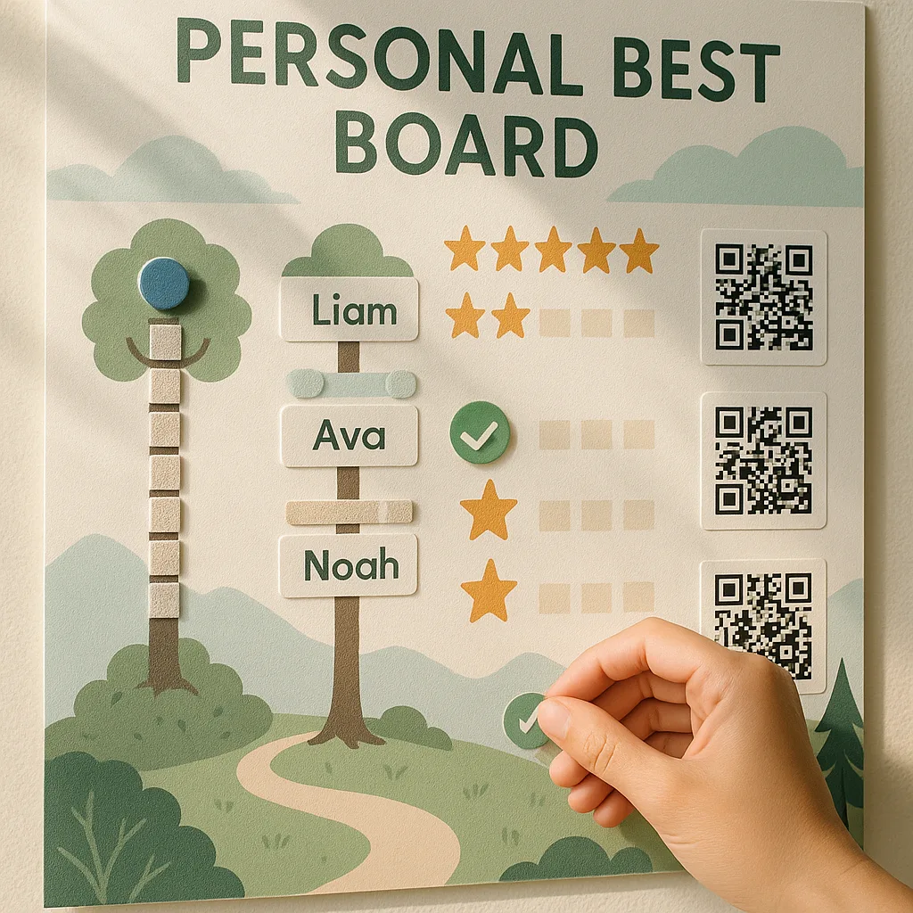 A close-up view of a beautifully designed "Personal Best Board" created a school poster printer, various multi-modal tracking elements. The board features a combination of visual progress ladders,