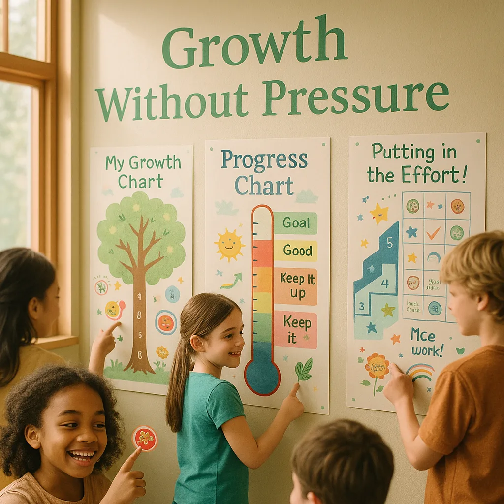 A warm, inviting classroom wall colorful, personalized growth charts and progress displays created a school poster maker. The image shows diverse visual tracking methods growth trees, progress