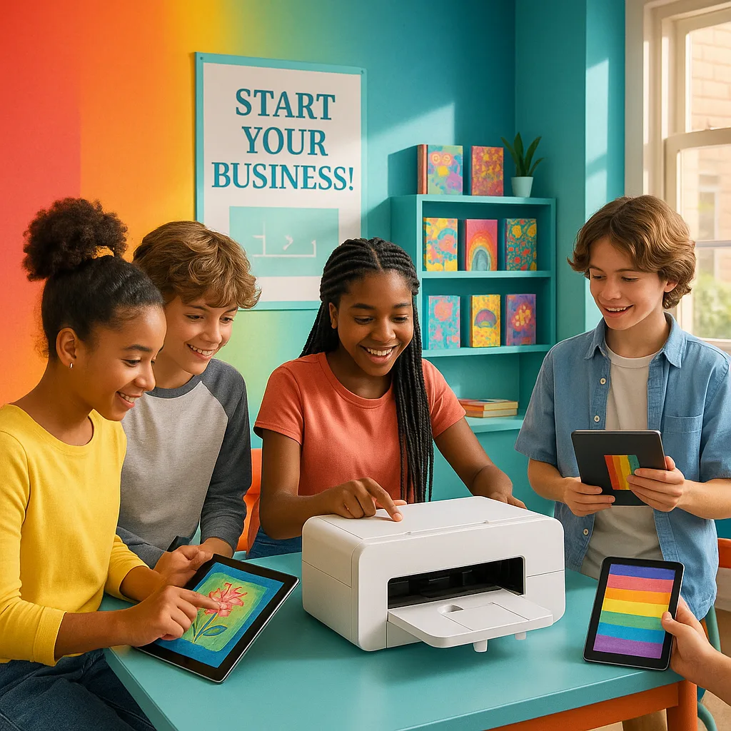 A vibrant, classroom scene diverse middle school students collaborating around a sublimation printer. The students are designing colorful journal covers on tablets while others operate the