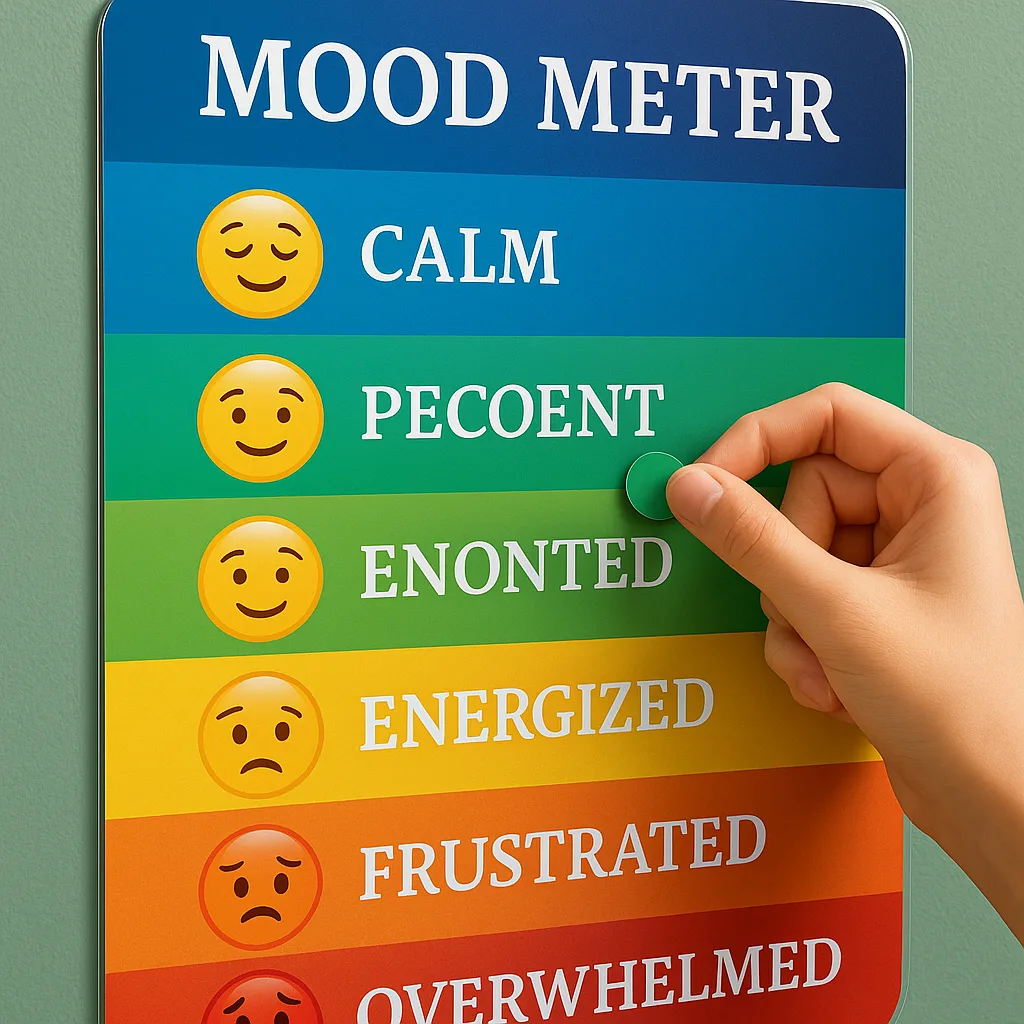 A close-up view of a beautifully designed mood meter poster created a school poster maker, a rainbow gradient from cool blues (labeled “Calm” and “Peaceful”) through greens (“Focused” and A close-up view of a beautifully designed mood meter poster created a school poster maker, a rainbow gradient from cool blues (labeled "Calm" and "Peaceful") through greens ("Focused" and