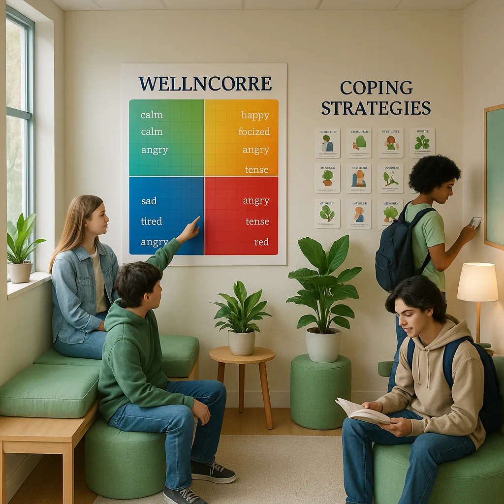 A serene, school wellness corner a large, colorful mood meter poster (gradient from blue to yellow to red emotions), comfortable seating soft green cushions, potted plants, natural wood elements,