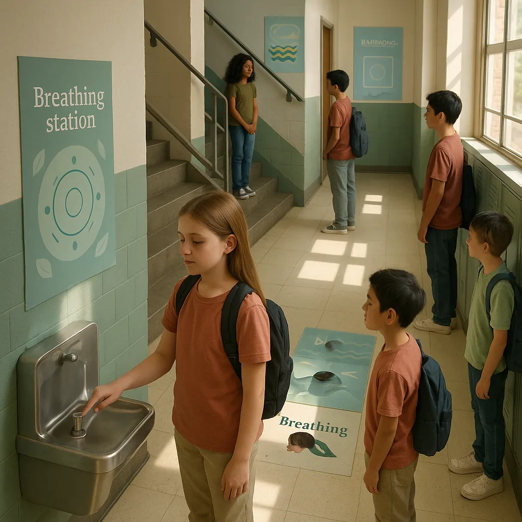 A serene, top-down view of a school hallway soft natural lighting streaming through windows. The hallway features calming sage green and sky blue breathing station posters at strategic locations -