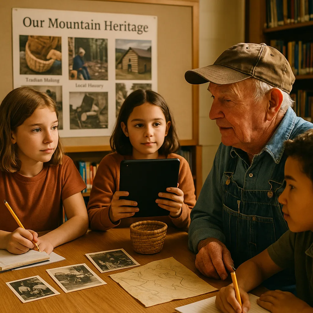 A close-up photograph elementary students interviewing an elderly community member (wearing overalls and a worn cap) in a school library. The students are taking notes and one holds a tablet for A close-up photograph elementary students interviewing an elderly community member (wearing overalls and a worn cap) in a school library. The students are taking notes and one holds a tablet for