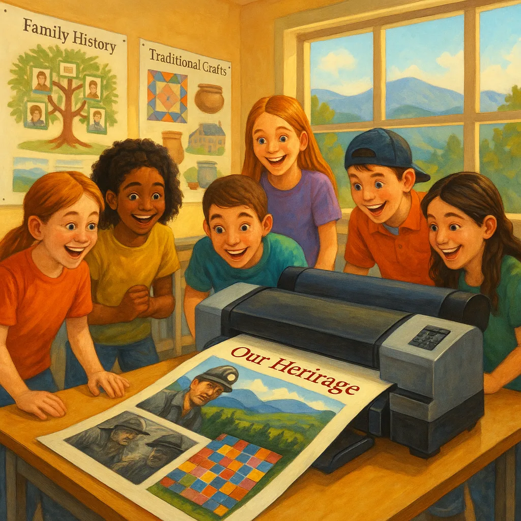 A vibrant, heartwarming scene Appalachian middle school students gathered around a large poster printer in a classroom. The students (diverse in appearance but representing mountain communities)