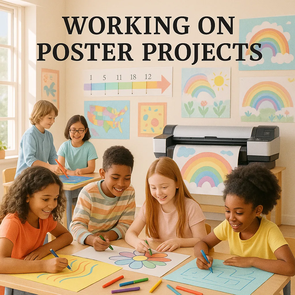 A bright, cheerful classroom scene diverse elementary school students (ages 6-12) working together on colorful poster projects. Include a poster printer in the background posters hanging on the