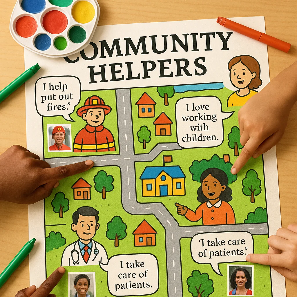 Design a close-up view of a colorful community helpers map poster being created by young students. Show hands pointing to different locations on the map illustrated community helpers (firefighter,