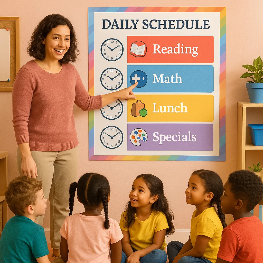 A bright, cheerful classroom scene using Merriweather font a first-grade teacher pointing to a large, colorful visual schedule poster on the wall. The poster should display a daily schedule clock
