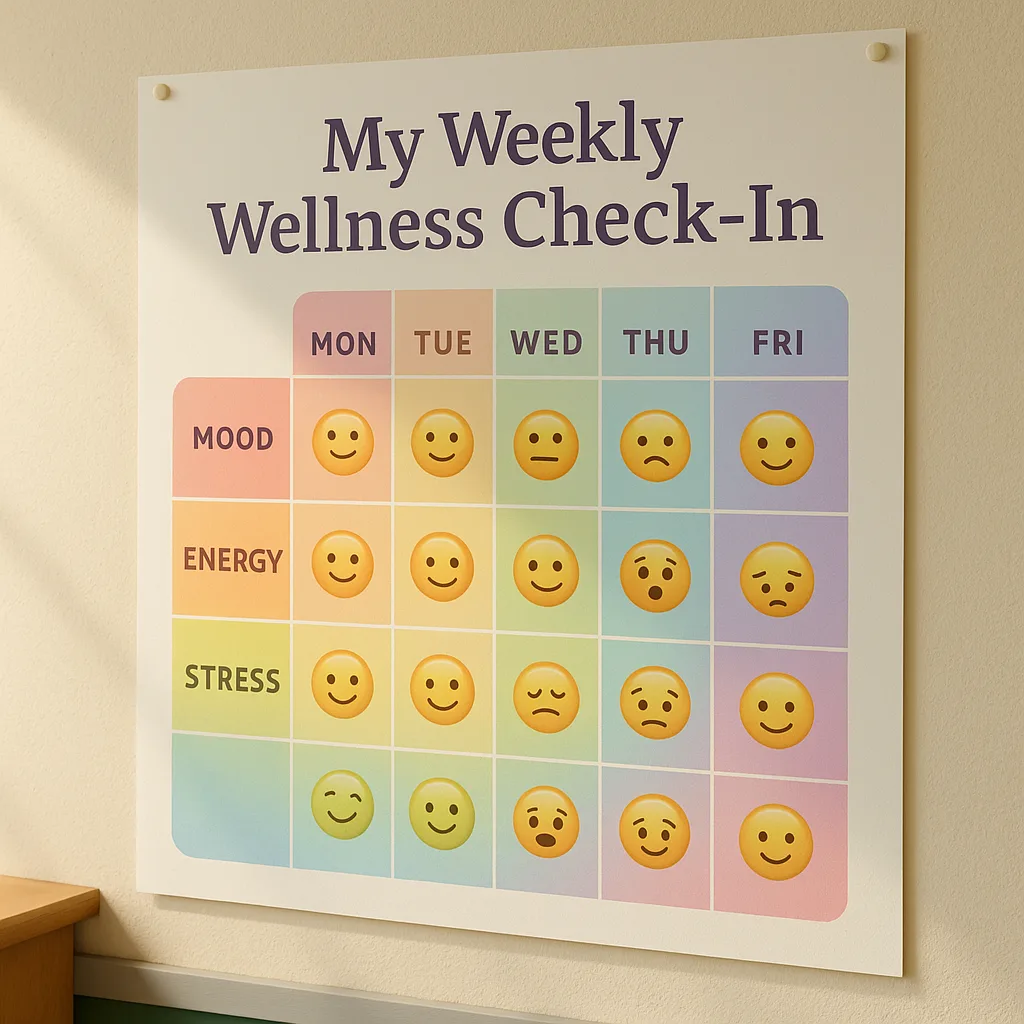 A close-up view of a beautifully designed wellness tracking chart mounted on a classroom wall. The chart features a colorful grid system days of the week and wellness indicators like mood, energy, Teacher wellness workspace with calming posters