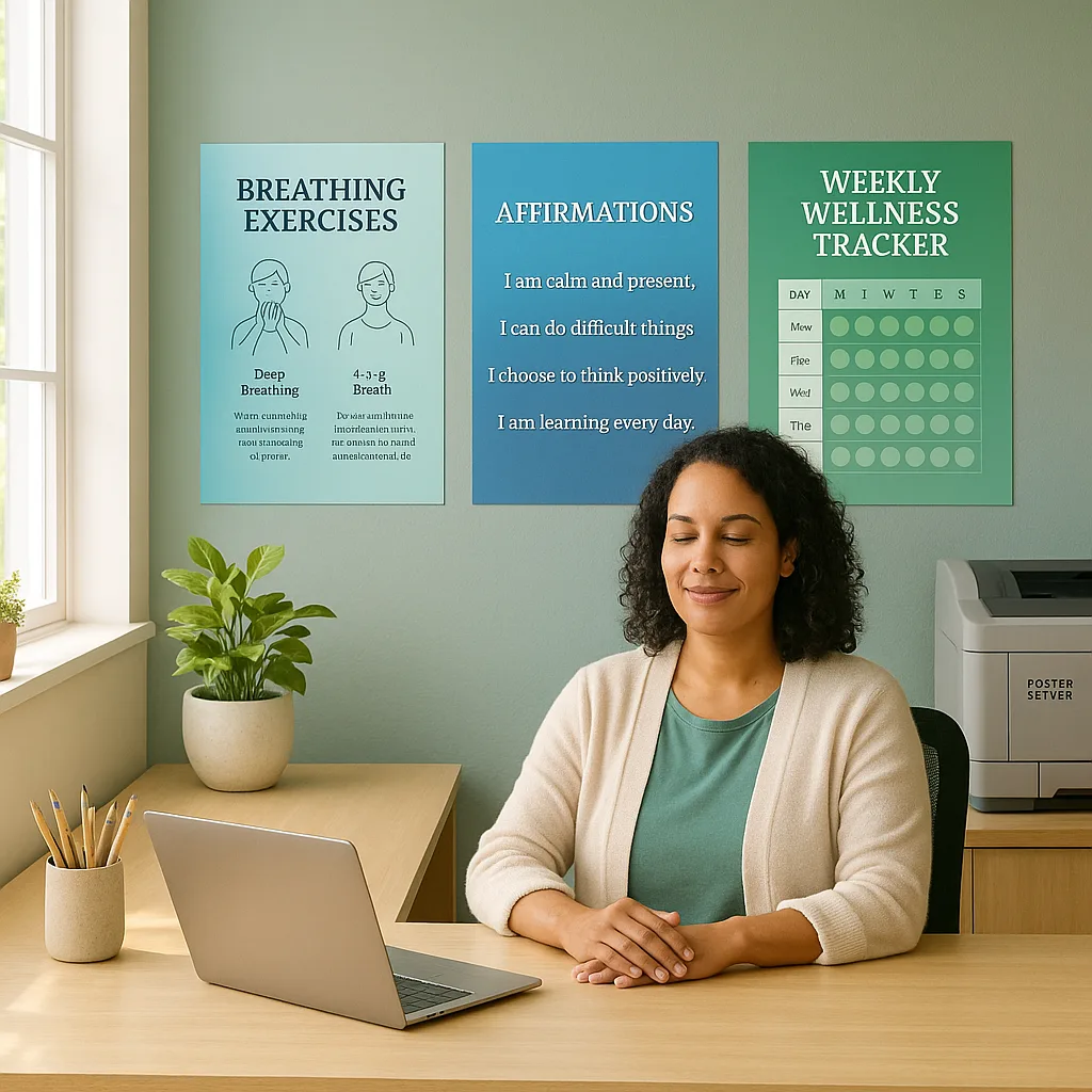 A serene teacher workspace a desk calming sage green and soft blue wellness posters on the wall behind it. The posters display breathing exercises, affirmation quotes, and a weekly wellness