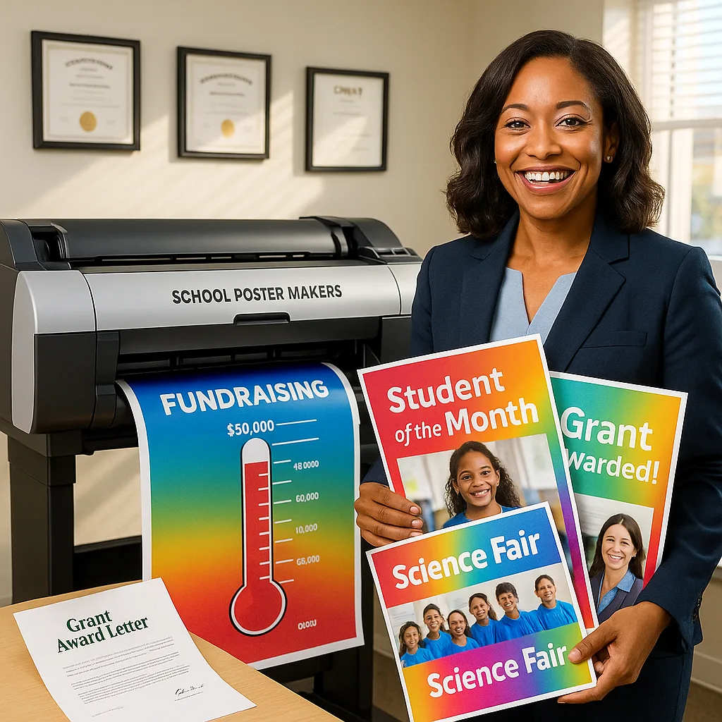 A vibrant, photograph a smiling female principal in business attire standing next to a large-format poster printer in a school office. She's holding colorful printed posters showcasing student