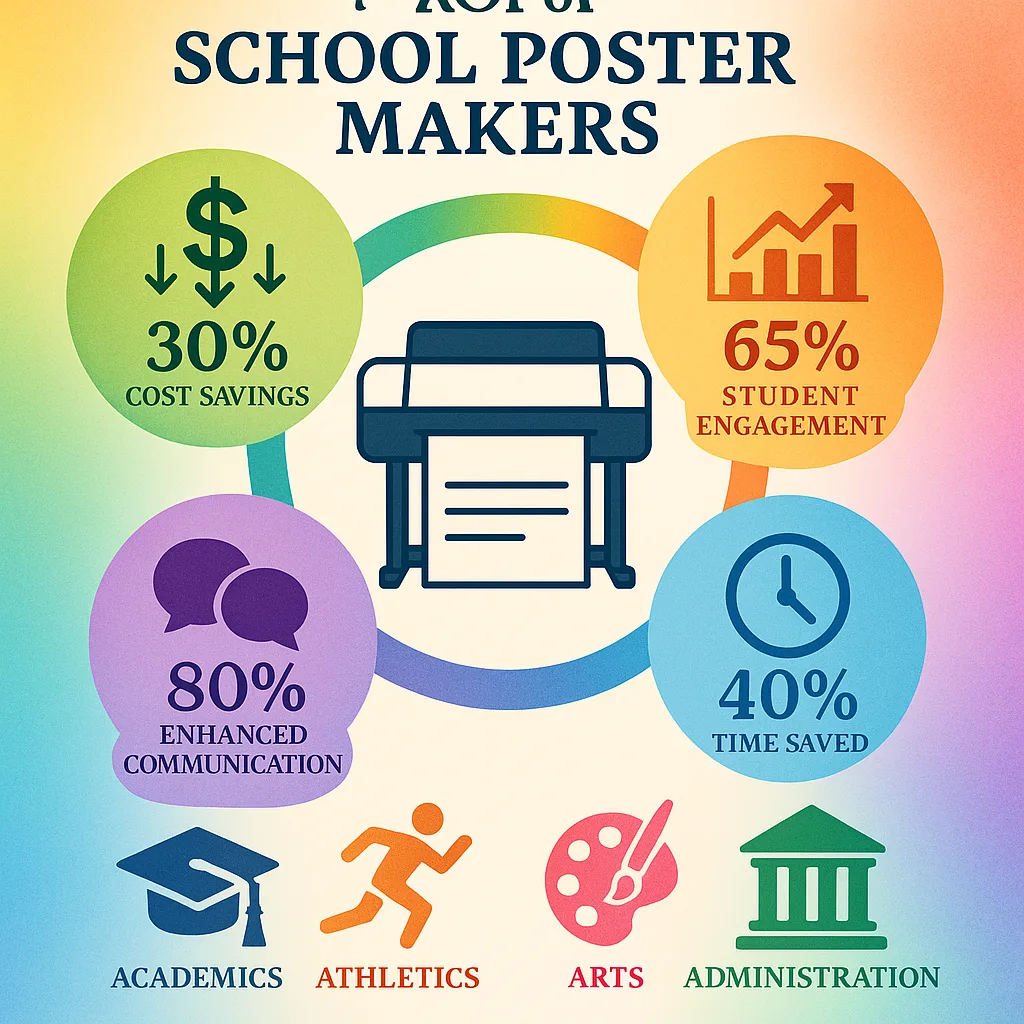 An engaging infographic-style illustration the ROI of school poster makers. Design features include: A central poster printer icon surrounded by benefit bubbles cost savings (dollar signs An engaging infographic-style illustration the ROI of school poster makers. Design features include: A central poster printer icon surrounded by benefit bubbles cost savings (dollar signs