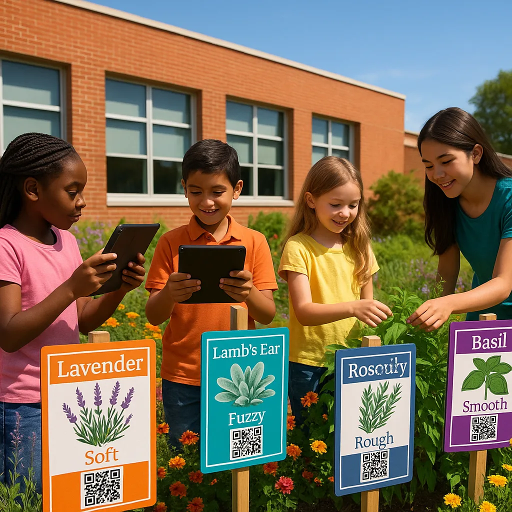 A outdoor classroom sensory garden scene colorful weather-resistant plant identification posters on sturdy posts. Show diverse students of different ages interacting the garden, some scanning QR