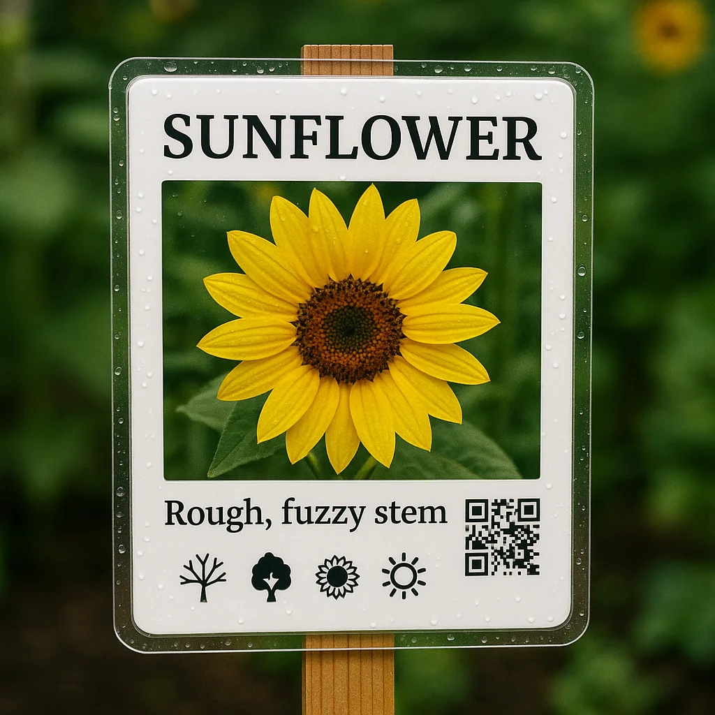Close-up of a weather-resistant plant identification poster mounted on a wooden stake in a garden. The poster shows a sunflower large, clear text in Merriweather font displaying the plant name, Close-up of a weather-resistant plant identification poster mounted on a wooden stake in a garden. The poster shows a sunflower large, clear text in Merriweather font displaying the plant name,