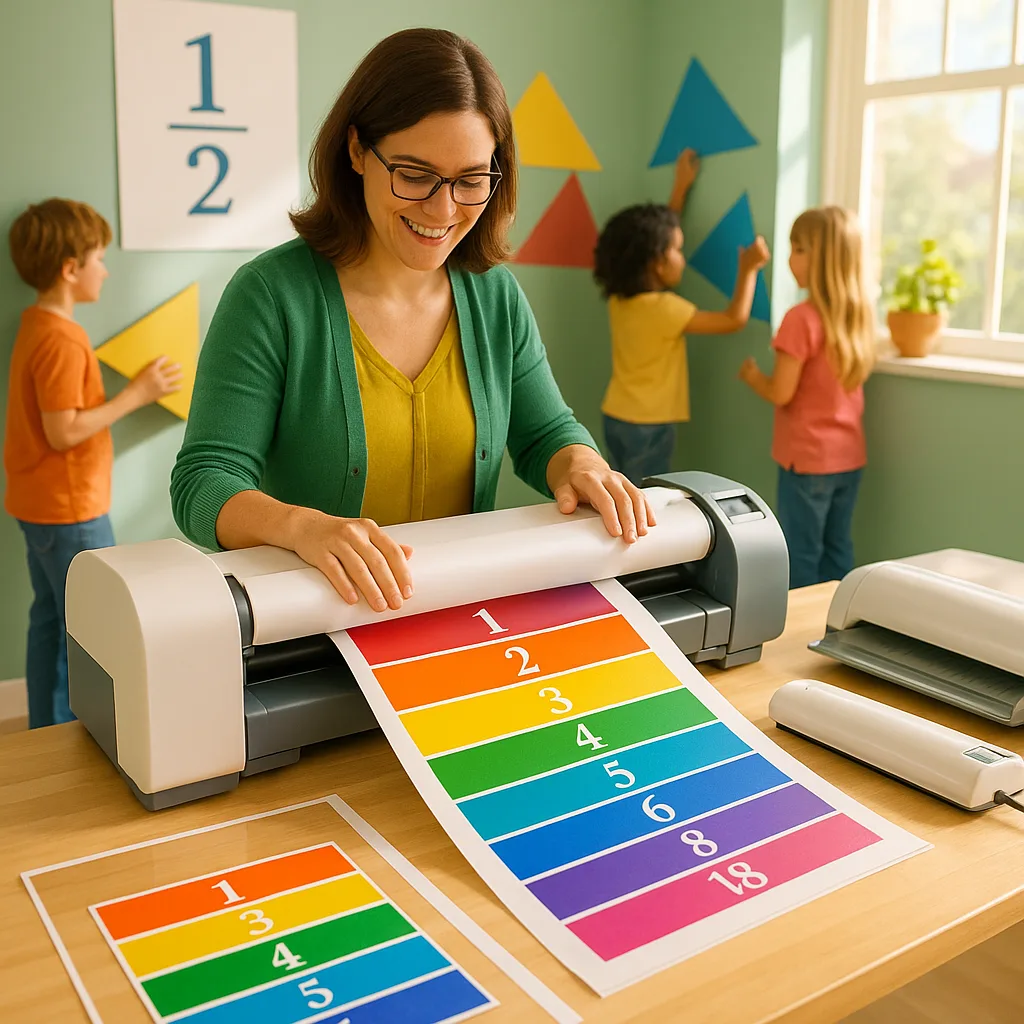 A vibrant, well-lit classroom scene a teacher at a large poster printer creating colorful mathematical manipulatives. The image shows printed fraction bars in rainbow colors spread on a table