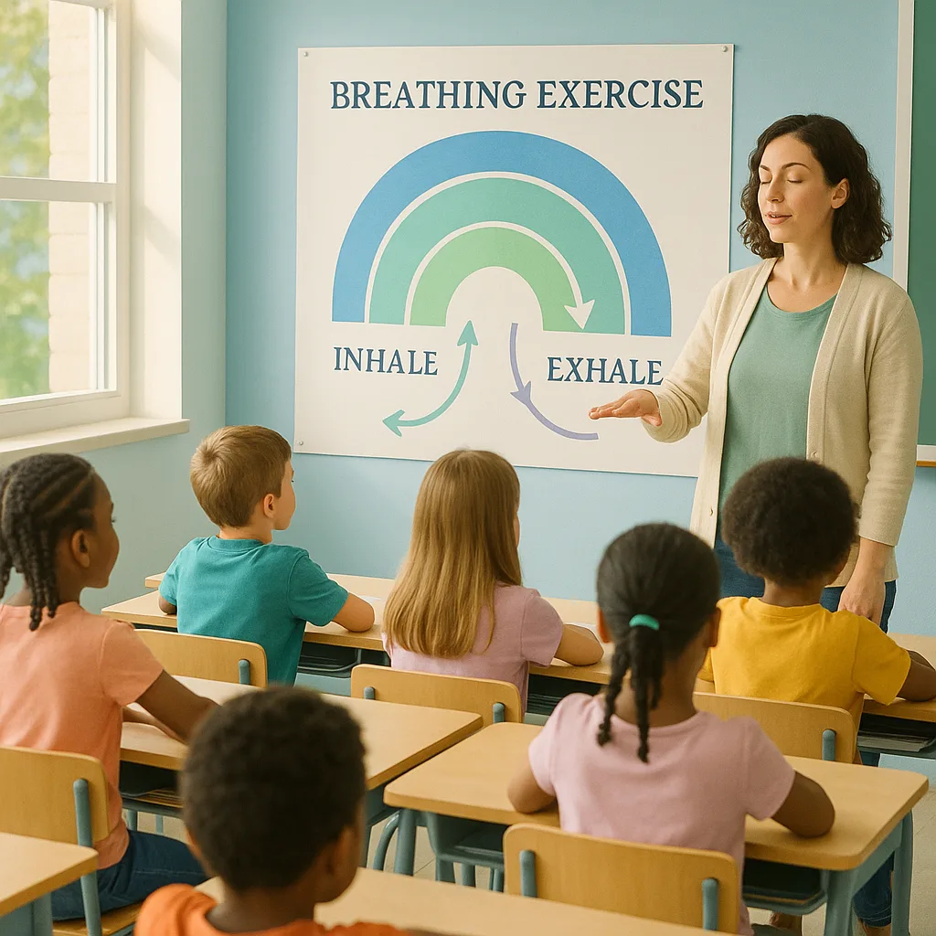 A bright, calming classroom scene diverse elementary students sitting at their desks, eyes focused on a large, colorful breathing exercise poster on the wall. The poster displays a rainbow-shaped