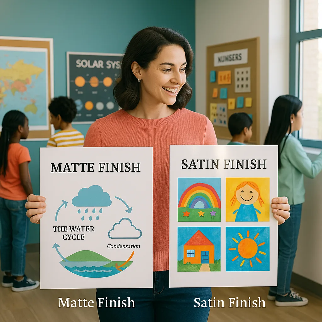 A bright, classroom setting a teacher comparing two large educational posters side by side - one a matte finish (clear text and diagrams) and one a satin finish (displaying student artwork).