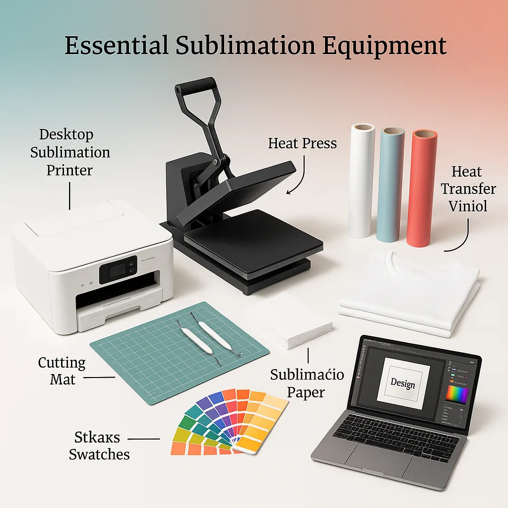 Product essential sublimation equipment arranged on a white surface subtle teal and coral gradient background. Display includes: a desktop sublimation printer, 15×15 heat press (closed position), Product essential sublimation equipment arranged on a white surface subtle teal and coral gradient background. Display includes: a desktop sublimation printer, 15x15 heat press (closed position),