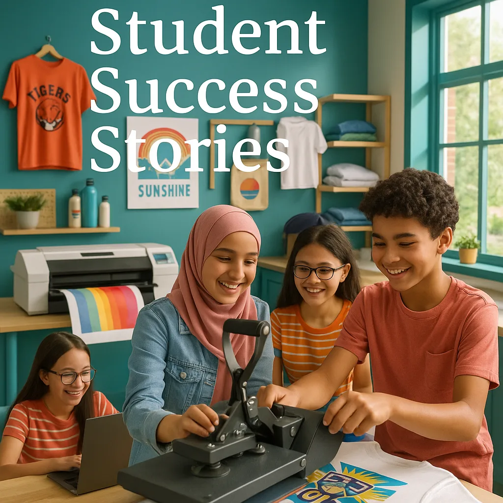 A vibrant, classroom scene diverse middle school students actively working on a sublimation printing project. In the foreground, two students (one wearing hijab, one curly hair) are using a heat