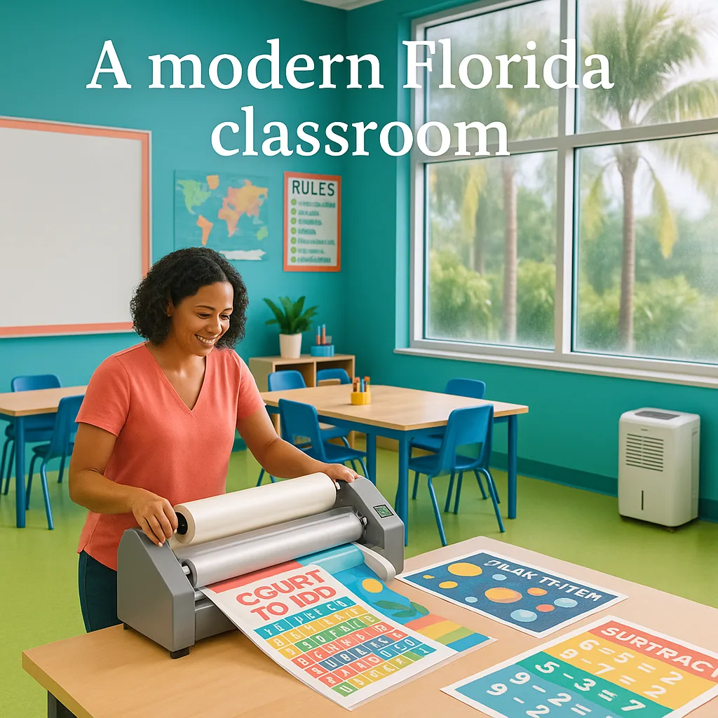 A vibrant, photograph a Florida classroom large windows revealing palm trees outside. In the foreground, show a teacher using a poster printer machine while applying lamination to colorful