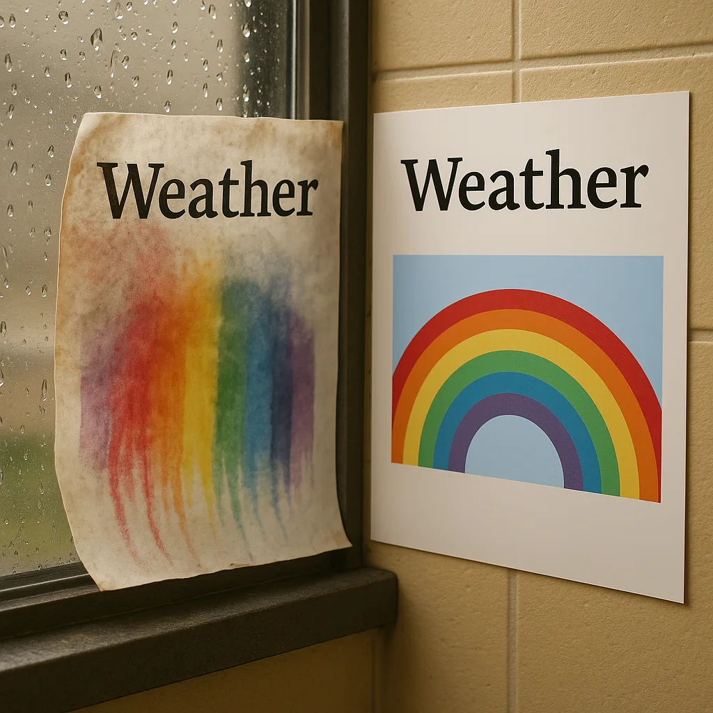 A close-up photograph the contrast between protected and unprotected posters in a humid environment. Left side shows a curled, water-damaged poster bleeding colors. Right side shows a perfectly Florida classroom with humidity damage on posters