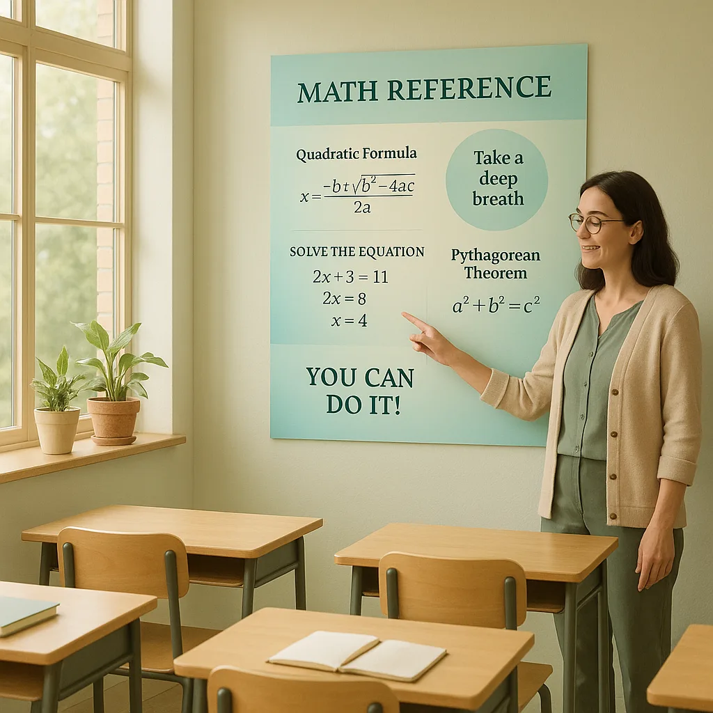 A serene, calming classroom scene a teacher standing next to a large, professionally-designed math reference poster on the wall. The poster should display gentle color gradients in soft greens and