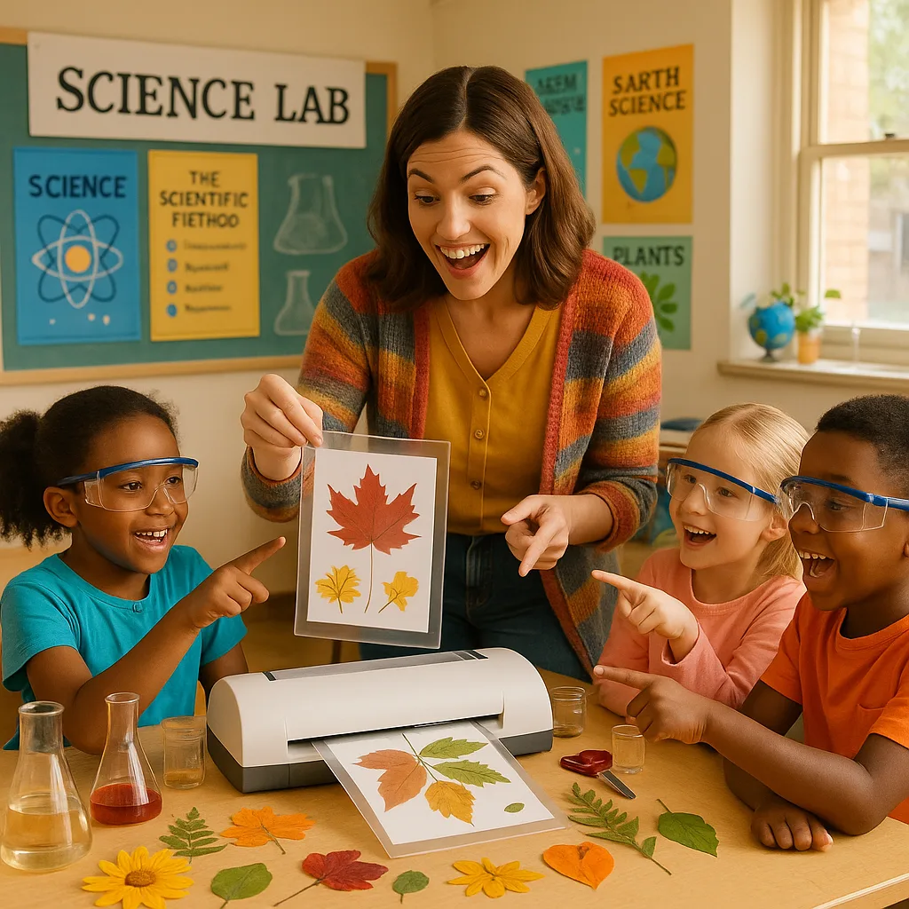 A bright, cheerful classroom scene a young female teacher shoulder-length brown hair wearing a colorful cardigan, enthusiastically demonstrating a laminating experiment to a diverse group of
