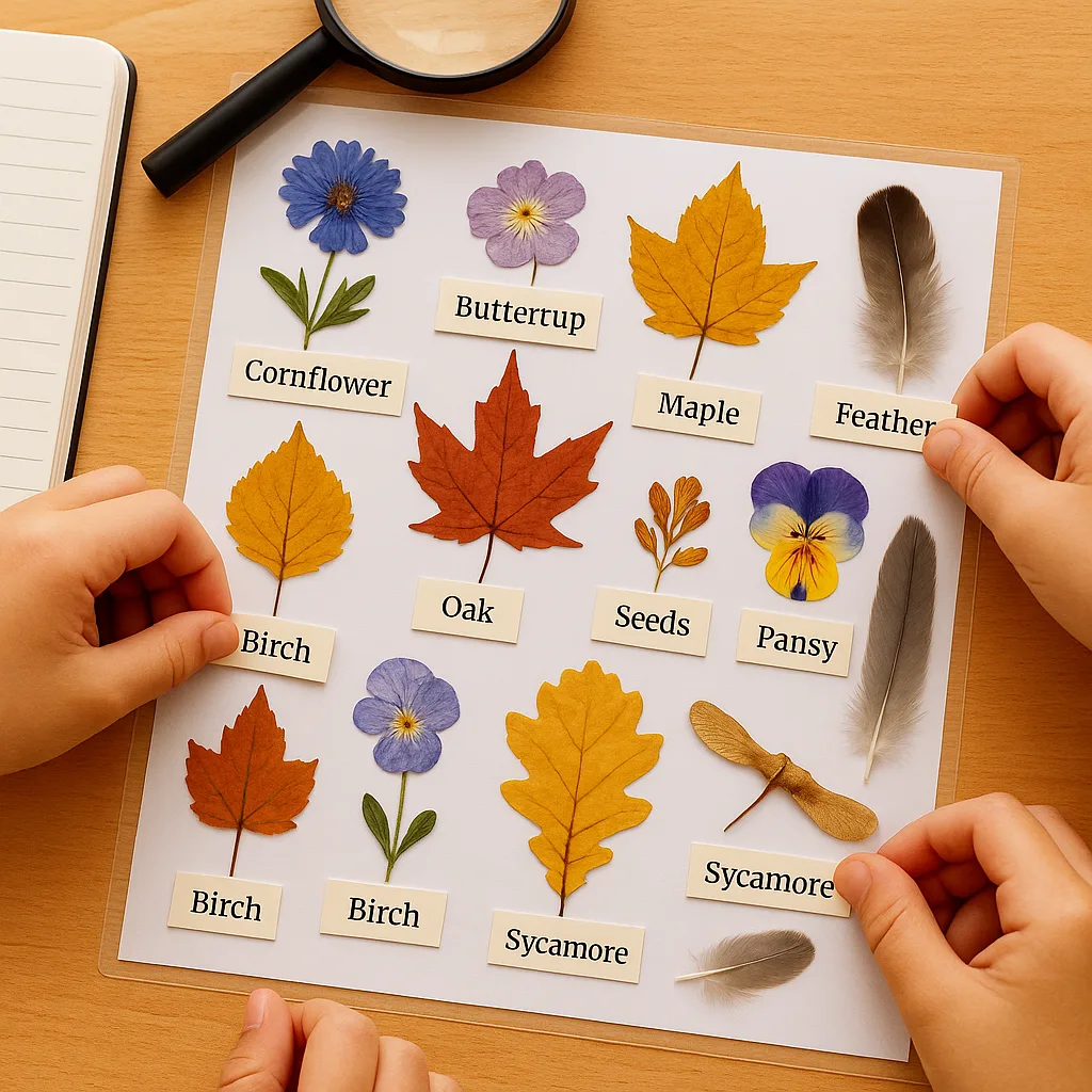 A close-up shot of children’s hands arranging autumn leaves, pressed flowers, seeds, and feathers on a laminating sheet. The items are colorfully arranged in a scientific collection format small A close-up shot of children's hands arranging autumn leaves, pressed flowers, seeds, and feathers on a laminating sheet. The items are colorfully arranged in a scientific collection format small
