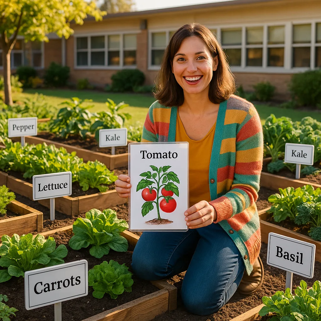 A bright, cheerful first-grade teacher shoulder-length brown hair wearing a colorful cardigan, kneeling in a school garden. She's holding up a large, laminated plant marker colorful graphics a