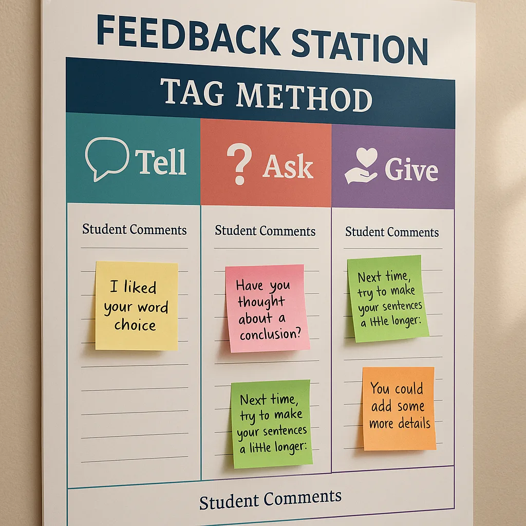 A close-up shot of a feedback station template printed on glossy poster paper. Show the TAG method (Tell, Ask, Give) framework colorful sections in teal, coral, and purple. Include visual icons A close-up shot of a feedback station template printed on glossy poster paper. Show the TAG method (Tell, Ask, Give) framework colorful sections in teal, coral, and purple. Include visual icons