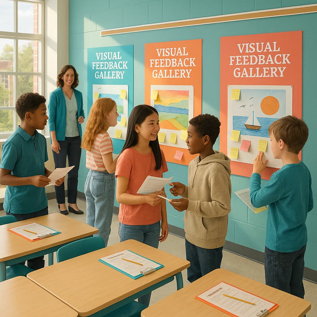 A bright, middle school classroom visual feedback gallery stations. Show diverse students actively engaged in peer review, colorful posters displaying student work on the walls. Include sticky