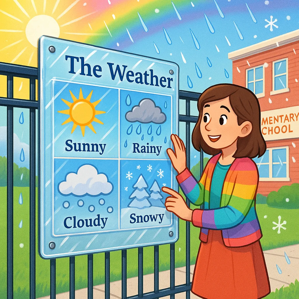 A bright, cheerful outdoor scene at an elementary school a teacher (young woman shoulder-length brown hair wearing colorful teacher attire) examining a laminated educational poster mounted on a