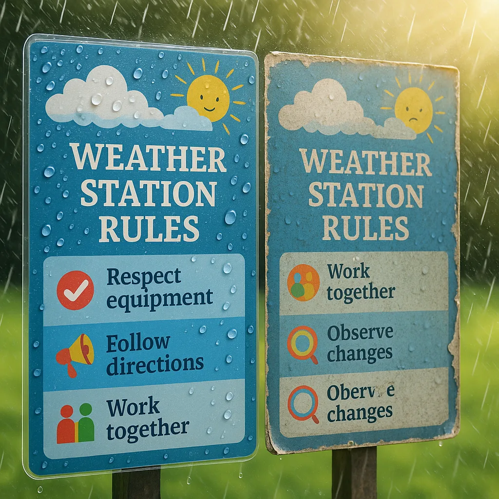 A close-up comparison shot two identical educational posters side by side outdoors – one protected lamination (bright, colors, water beading off surface) and one unprotected (faded, water damaged, A close-up comparison shot two identical educational posters side by side outdoors - one protected lamination (bright, colors, water beading off surface) and one unprotected (faded, water damaged,