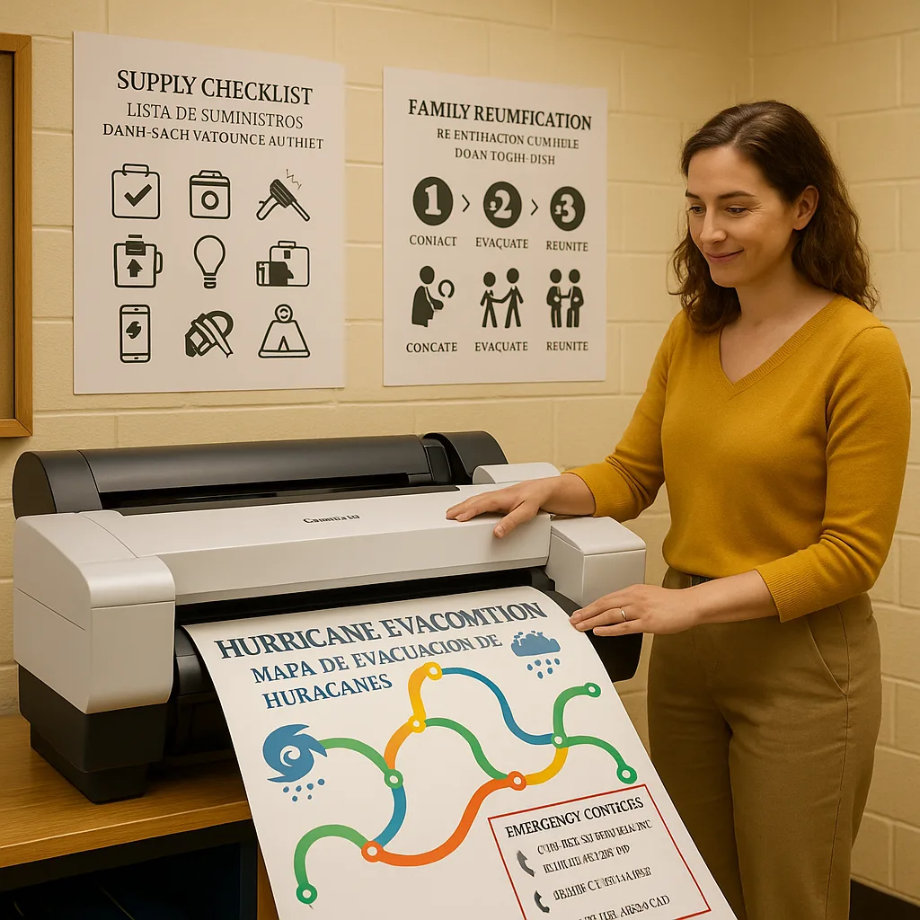 An organized classroom scene a teacher using a poster printer machine to create multilingual hurricane evacuation maps. The printer (similar to Campus Pro series) is producing a large colorful An organized classroom scene a teacher using a poster printer machine to create multilingual hurricane evacuation maps. The printer (similar to Campus Pro series) is producing a large colorful