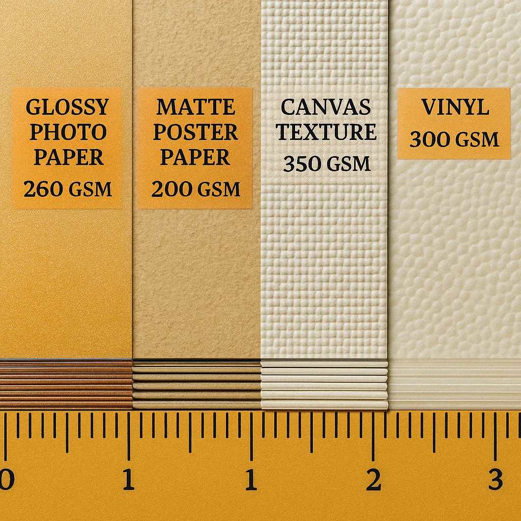 Close-up macro shot of different paper textures side by side - glossy photo paper, matte poster paper, canvas texture, and vinyl. Each section should be clearly labeled paper type and GSM rating