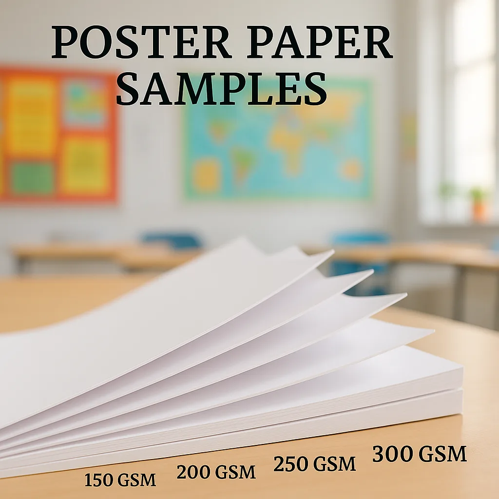 A vibrant, well-lit photo various poster paper samples fanned out on a desk, different thicknesses clearly visible from the side view. Include GSM labels on each sample (150, 200, 250, 300 GSM).
