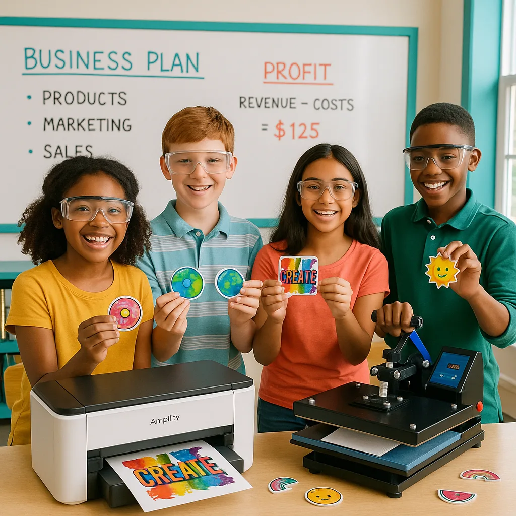 A bright, engaging classroom scene diverse middle school students working together around a sublimation heat press and printer setup. Students are holding colorful custom magnets they've created,