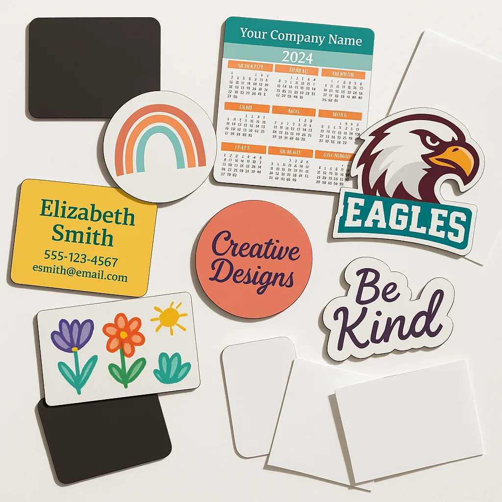 A flat-lay composition of various custom sublimation magnets arranged on a white background. Include business card magnets, promotional calendar magnets, school spirit magnets mascots, and