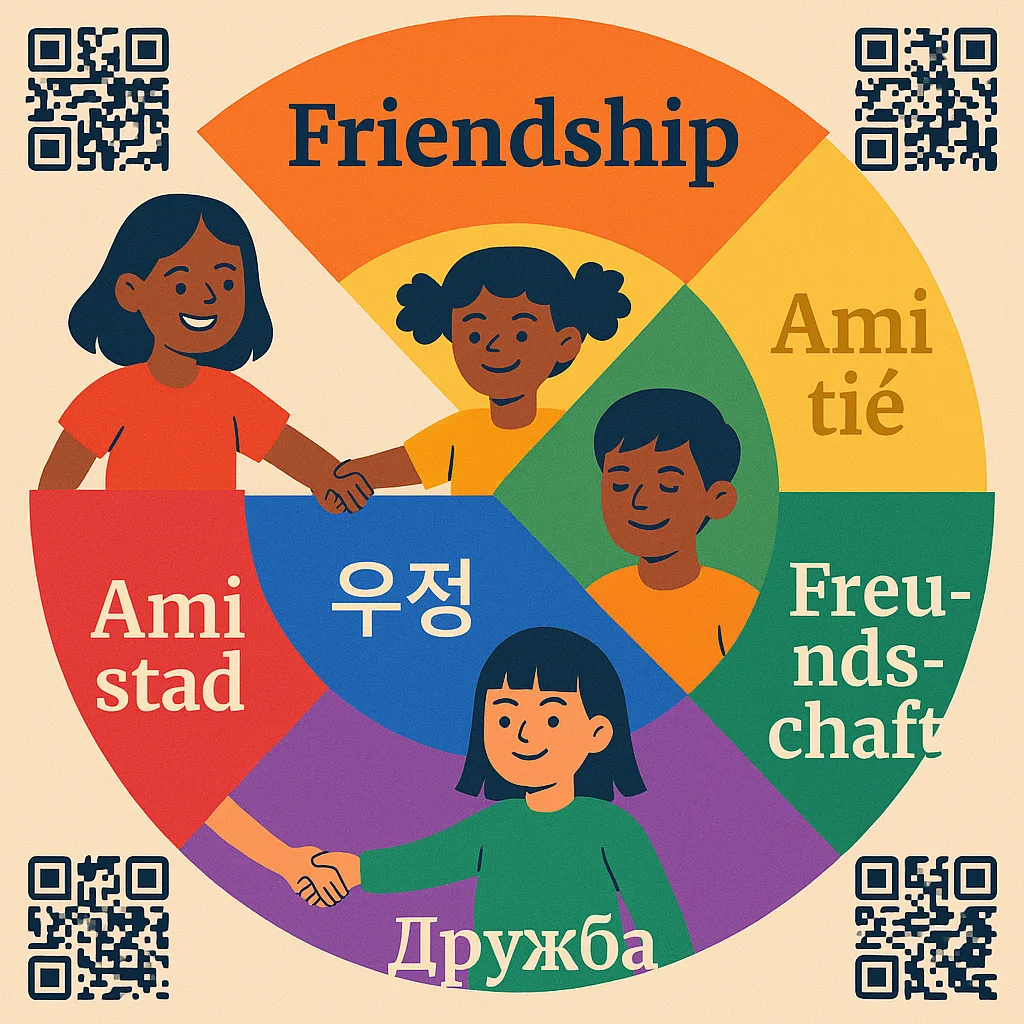 Close-up of a beautifully designed multilingual vocabulary poster the word "friendship" in 6 different languages arranged in a circular pattern colorful illustrations of diverse children holding